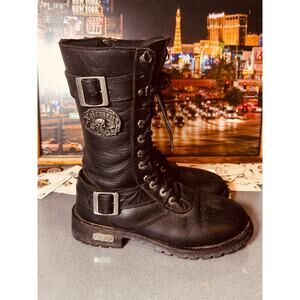 Xelement Women’s Black Leather Motorcycle Combat Boots Skull Riding Boots sz 8.5